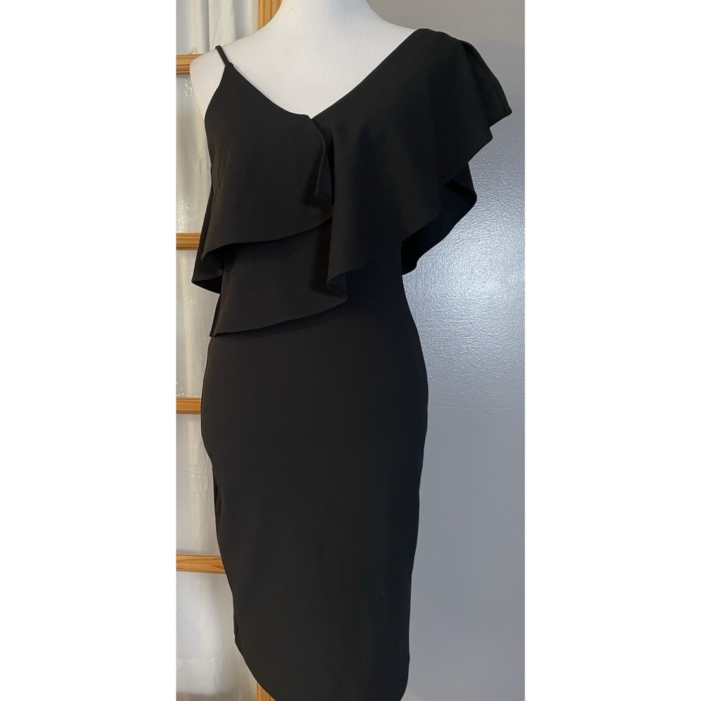 Bebe Asymmetrical Sheath Dress Sz 2 Black Ruffles V Neck Party Clubwear Goth - Picture 2 of 13
